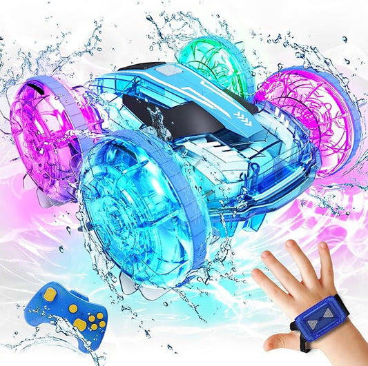 Tecnock Amphibious Remote Control Car Boat for Kids, 4WD RC Stunt Car with Waterproof Remote Control, 2.4GHz Gesture RC Cars with LED Lights, Water Pool Toys Gifts for Boys, Girls