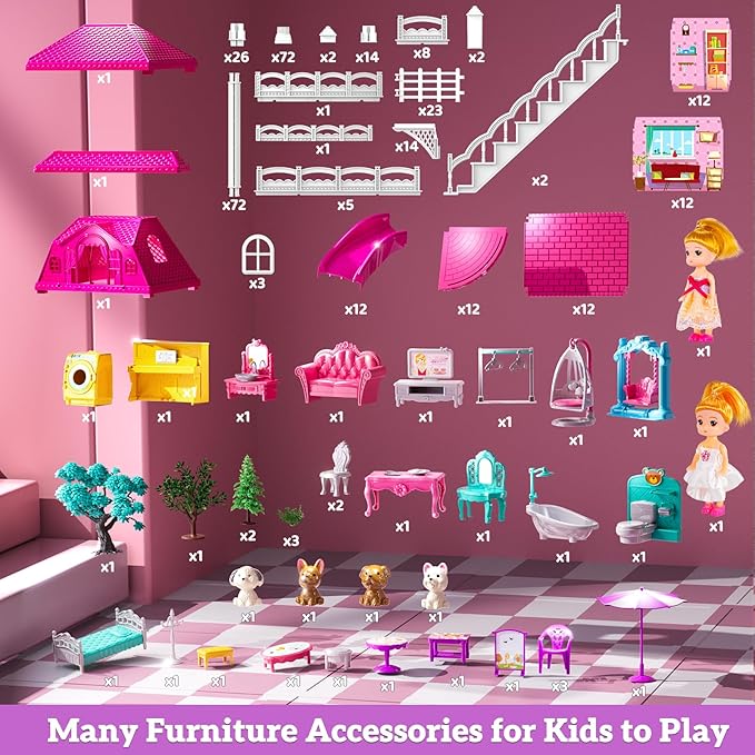 4-Storey House for Girls Ages 3-7, Villa Playset with 2 Dolls and 12 Room, Furniture and Accessories, Pretend Indoor Playset Toddler Toys, Birthday Girls Toys for Ages 4-8 6-8