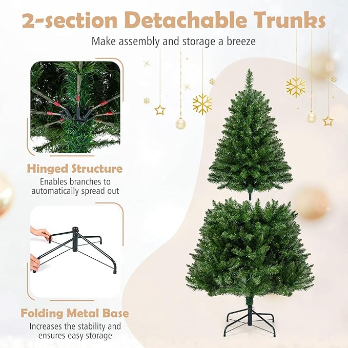 Goplus 5 FT Pre-Lit Artificial Christmas Tree, Hinged Xmas Tree with 510 Branch Tips, 400 Warm White LED Lights, 7 Lighting Modes & Folding Metal Stand, Seasonal Decoration Tree for Home Party Holiday