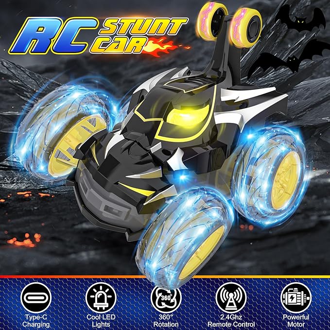 Remote Control Car Stunt RC Cars 360° Rotating with 2.4GHz Rechargeable Wheel Lights Toys Car Gift for Boys 3 4 5 6 7 8 9 10 11 12 (Black)