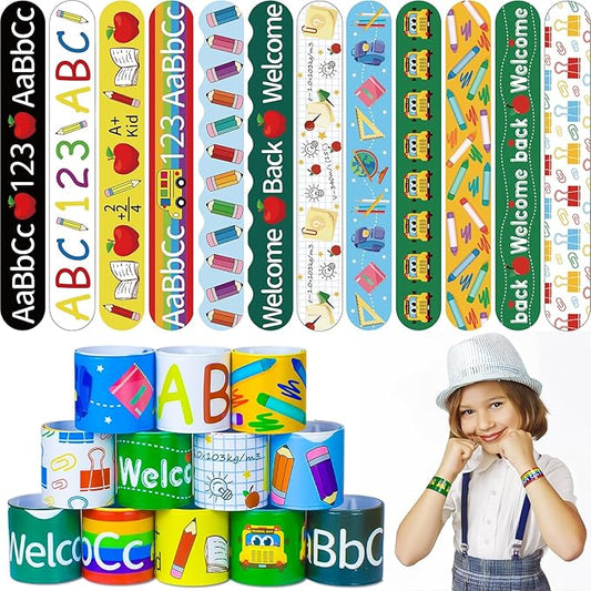 48 PcsWelcome Back to School Slap Bracelets First Day of School Favors Rewards School Opens Prize for Students Teens Semester Begins School Party Supplies Decorations