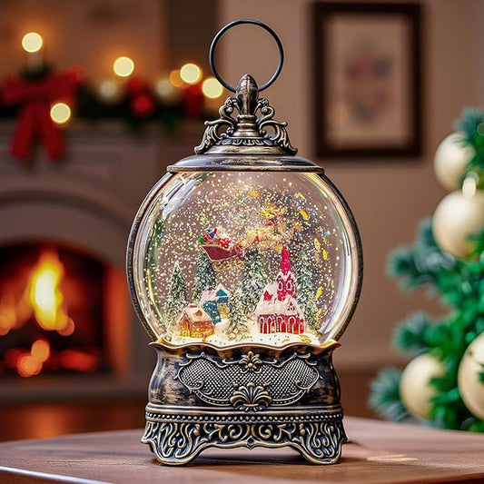 12.1" Snow Globe Lights, Santa Sleigh Car Flying Scene, Musical Flashing Water Lights, USB and Battery Powered Christmas Decoration Gifts