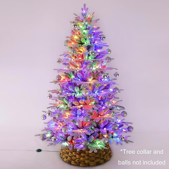 7 Feet Pre-lit Flocked PE Christmas Tree with 1575 Branch Tips, 350 Dual-Color Multi-Functional LED Lights