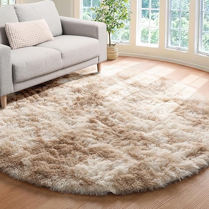 ONASAR Tie-Dye Beige Round Area Rug 4ft, Soft Bedroom Circle Rugs Floor Mats for Kids Girls Teen Room, Kawaii Fluffy Plush Shaggy Carpet for Baby Nursery Living Room Playroom Home Decor