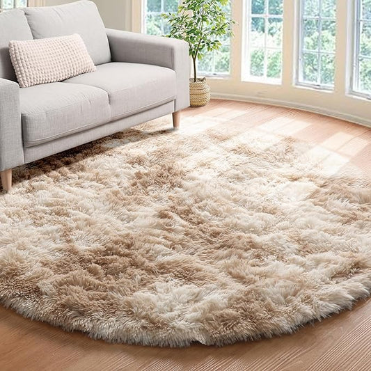 ONASAR Tie-Dye Beige Round Area Rug 4ft, Soft Bedroom Circle Rugs Floor Mats for Kids Girls Teen Room, Kawaii Fluffy Plush Shaggy Carpet for Baby Nursery Living Room Playroom Home Decor