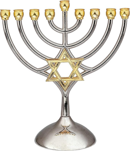 9 Branch Metal Menorah with Magen David: Modern, Elegant Jewish Hanukkah Replica Candelabra Candleholder Stand, 2-Toned Silver Gold Star Design