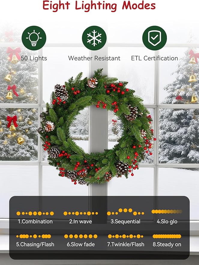 Brightown 24 Inch Pre-Lit Artificial Christmas Wreaths for Front Door,Christmas Decorations Indoor with Pine Cones & Berry Clusters, Christmas Wreath with 50 Lights for Fireplace Wall Window, Plug-in