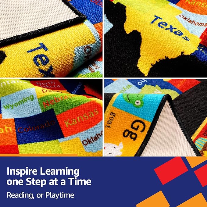 Map Classroom Rug 6'5"x8'5" United States Map Classroom Carpet for Preschool Non Slip Colorful Educational USA Map Black Playmat for Elementary, Nursery, Kids Room