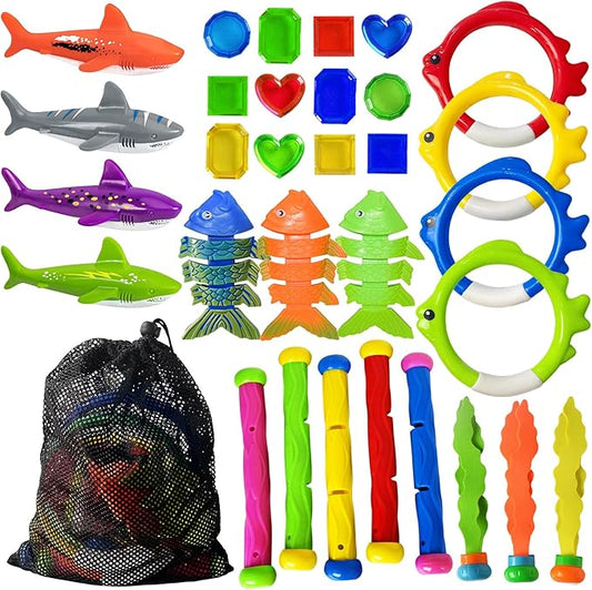 Jasonwell Pool Diving Toys Games - 31 PCS Swimming Pool Toys for Kids Teens with Diving Rings Dive Sticks Underwater Treasures Torpedo Bandits Fish Toy etc Fun Water Swim Toy for Boys Girls Adults