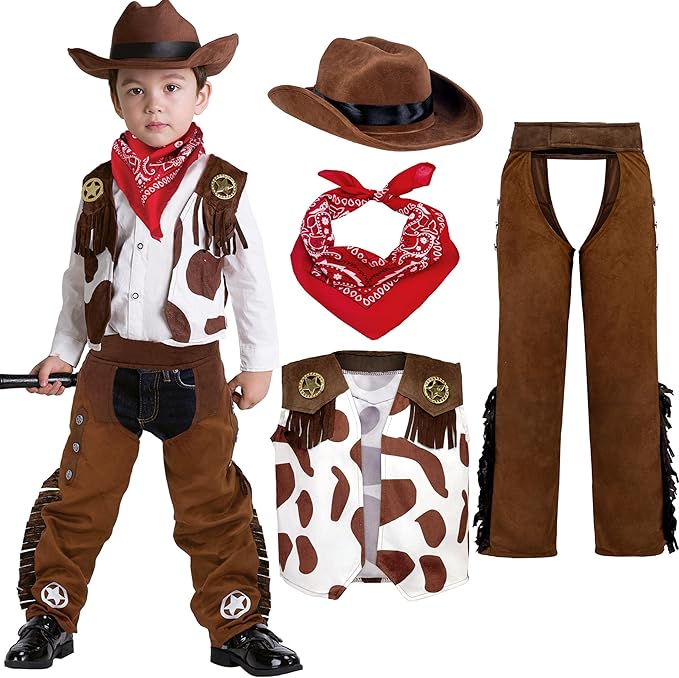 Spooktacular Creations Halloween Cowboy Costume for Boys, Kids White Brown Western Costume, Deluxe Cowboy Outfit Set with Hat for Toddler Halloween Dress-up, RolePlay Themed Party (3T, 3-4 yrs)