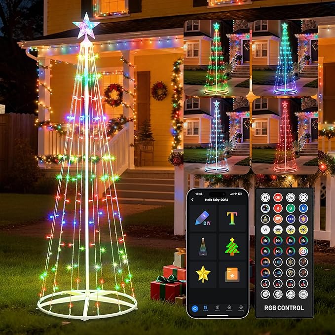 7.5Ft Smart LED Christmas Cone Tree Light, 178 LEDs Lighted Artificial Tree with Star Topper, Music Sync with Remote APP Control, DIY RGB Light Show Tree for Xmas Indoor Outdoor Decorations (RGB)