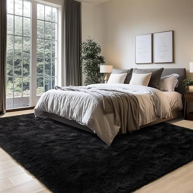 8x10 Black Fluffy Area Rug for Living Room Machine Washable, Shag Bedroom Rugs Non Slip, Plush Carpet for Nursery, Kid Boy Girl Room