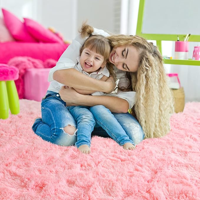 Ompaa Pink 8x10 Feet Large Area Rugs Fluffy Living Room Carpet, Wall to Wall Big Shag Pink Rug for Bedroom Girls Playroom Classroom Nursery Home Office Decor