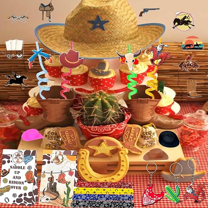 110 Pcs Western Cowboy Party Decoration ，Suitable for West Cowboy Themed Parties, Western Cowboy Party Favors，Suitable for Gifting Cowboy Playset Pack for Birthday Favors