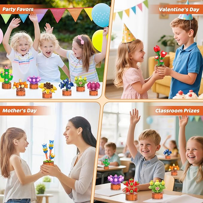 24 Pack Flowers Succulent Party Favors for Kids Building Set - 1012PCS Botanical Bonsai 3.6MM Mini Building Blocks Toy for Classroom Prizes Easter Basket Stuffer Birthday Gift for Girl Boy 6+
