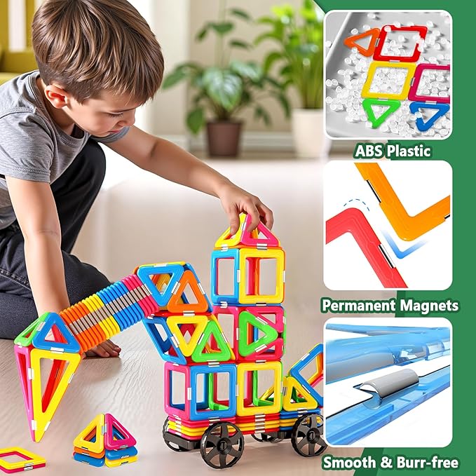 Magnetic Tiles with 2 Cars Toys for 3 4 5 6 7 8+ Year Old Boys Girls, Magnetic Blocks Building Set for Toddlers STEM Creativity Educational Toys for Kids Age 3-6
