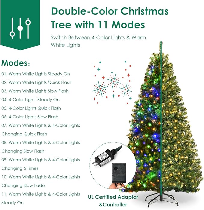 COSTWAY 9 FT Pre-lit Christmas Tree, Artificial Xmas Tree with 1000 Warm White & Multicolored Lights, 11 Modes, 2944 Branch Tips, Metal Support, Holiday Decoration Fake Tree for Home, Office, Party