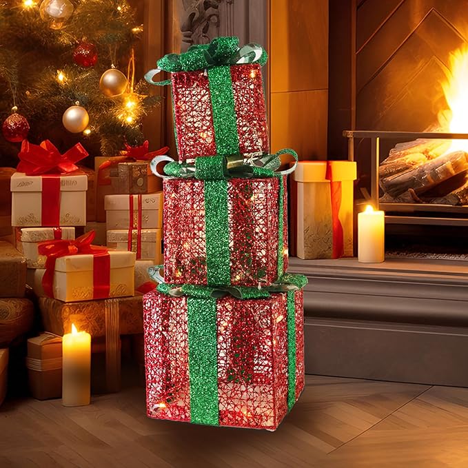 Christmas Light Gift Box Decorations, 3-Piece Set, Pre-Strung Wired Gifts with Bows, Illuminate Christmas Tree Skirt Decorations. Suitable for Indoor and Outdoor Use. (Christmas Colors)