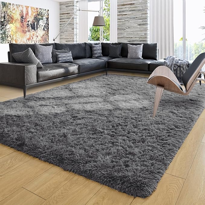 Ompaa 9x12 Area Rugs Dark Gray Fluffy Large Living Room Carpet for Bedroom Dorm, Non-Slip High Pile, Deep Grey Modern Big Shag Rug for Classroom Kids Playroom Nursery Home Office Decor