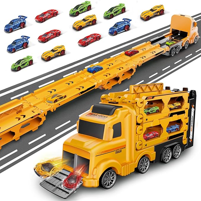 Veslier Toddler Car Truck Toys Gifts for 3 4 5 6 Years Old Boys, Toy Track Set Construction Trucks with 12 Pcs Cast Cars, Transforms into Transport Truck, Gifts for 3 4 5 6 Year Old Boys.