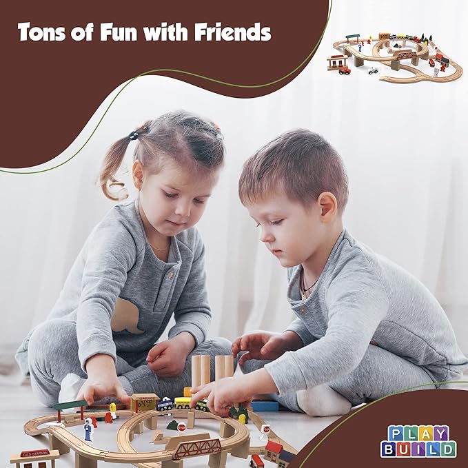 Wooden Train Set, Complete Toddler Train Set, Interactive Play & Learn Set, Creative Wooden Train Track Design, Premium Quality, Ages 3+ (80 Piece Set)