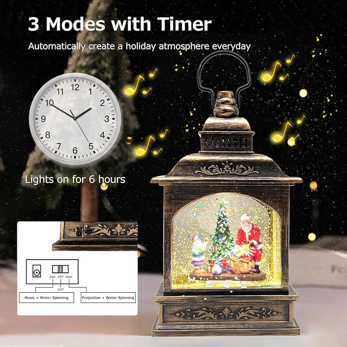 2026 Christmas Snow Globe Santa Claus[Exclusive Projection with Stars] Water Glittering Music Lantern,Spinning Swirling Water Globe Light,USB/Battery Powered Holiday Decor Gift,5.24×3.15×8.3in