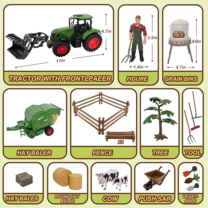 Farm Tractor Toys Set Bale Haying Round Baler with Barn Farmer,Cow,Farm Tools,Tree Farm Tractor Pla yset for Kids Toddler Boys Girls Ages 3-7 Years