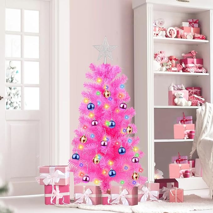 3 Ft Pink Christmas Tree Tinsel Dual Color Change 12 Modes Timer DIY 50 Warm White & Colored Lights 15 Ball Ornaments Star Battery Operated Small Artificial Full Xmas Tree Table Indoor Holiday Decor