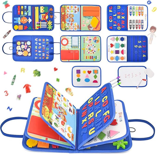 14 Pages Busy Board for Toddlers 2-4,Montessori Travel Toy for Plane/Car,Educational Sensory Toy for Toddlers 1-3,Preschool Activities Board for Developing Fine Motor Skills,Gift for Boys/Girls