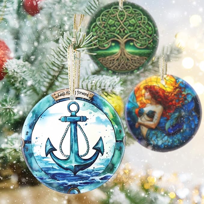 3.5 Inch Ceramic Christmas Tree Ornament, Ocean Anchor Christmas Ornaments, Heirloom Keepsake, Gift Exchange, Gift Idea, Bauble Present