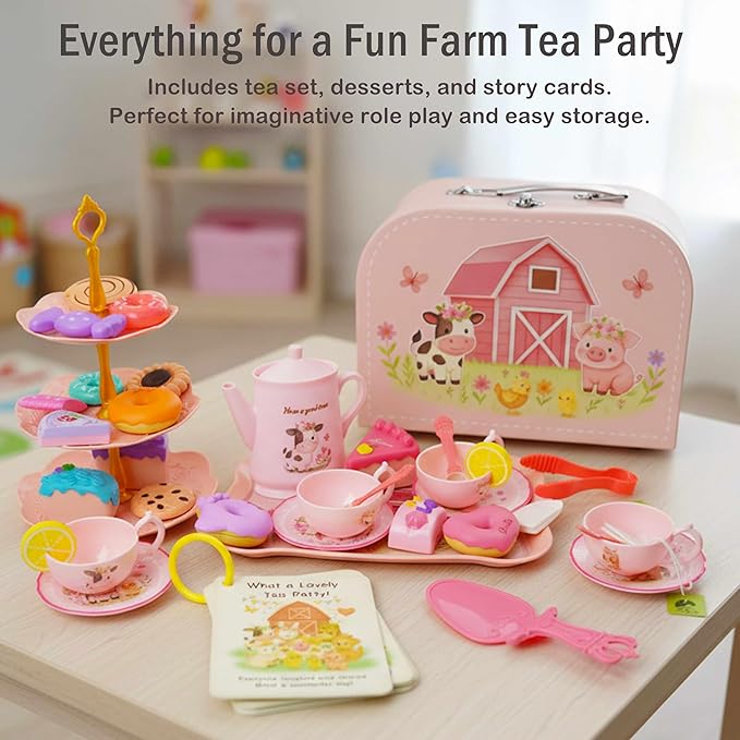 Toddler Farm Theme Tea Set for Girls 3-5, 47PCS Plastic Barn Animal Pretend Play Tea Party Set with Teapot, Cups, Tray, Desserts & Story Cards, Carrying Case Pink Gift Toy for Kids