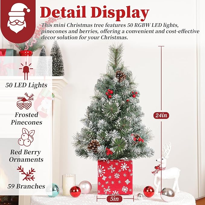 Brightever 2FT Small Christmas Tree, Prelit Mini Christmas Tree with Multi-Color LED Lights, Battery Powered Little Xmas Tree with Frosted Tips for Table Top, Green, Snowflake Gift Box Base Included