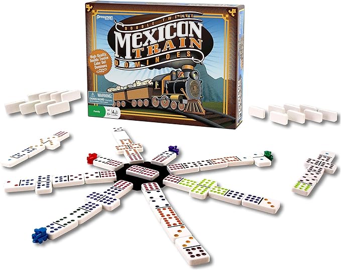 Mexican Train Dominoes - Beautiful Color Dot Double 12 Dominoes Set - Includes Train Markers and Hub by Pressman Multi Color, 5"