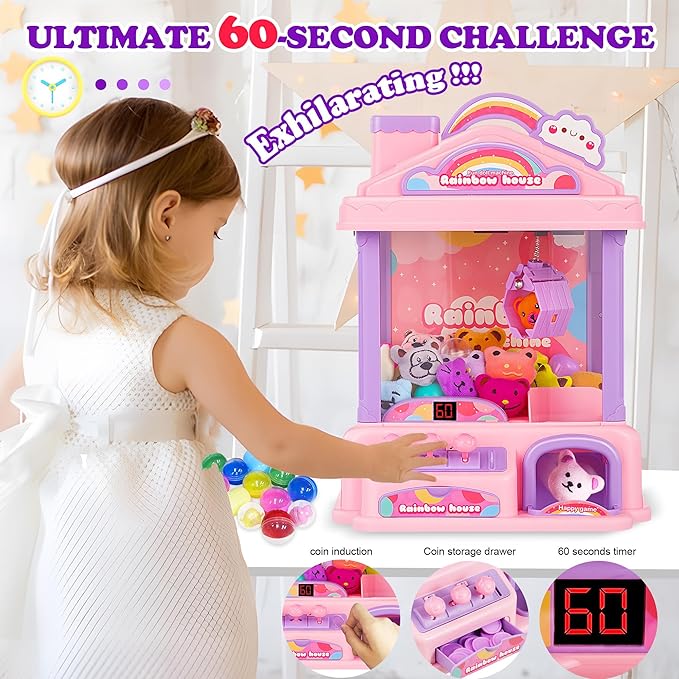 Mini Claw Machine for Kids | Girl Toys for Ages 8-13 Arcade Game Toy Claw Machine Electric Candy Vending Machine Toy with LED Lights & Adjustable Sound, Birthday Gifts for Girls Ages 4+, Pink