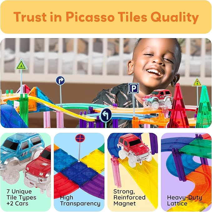 PicassoTiles 128pcs Magnetic Race Car Track Building Block Educational Toy Set Tiles Magnet Playset 3 LED Car STEM Learning Construction Kit Fine Motor Skill Training Brain Development for Kids Age3+