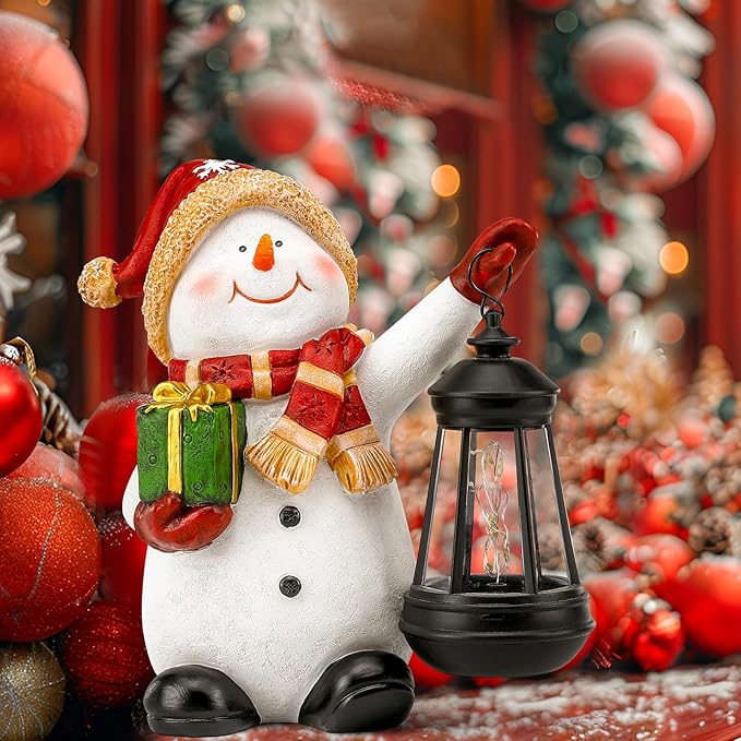 Solar Christmas Snowman Decoration Resin Snowman Outdoor Statue with LED Lantern for Porch Garden Patio Yard Home Decor Christmas Gardening Gifts for Women Mom