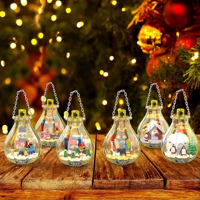 6 Pack Christmas Tree Bulb Ornament with Light Building Set, Including Gingerbread House, Penguin House, Christmas House, Fireplace, Nutcracker, Reindeer, Stocking Stuffer Toy Gifts for Kids.(405PCS)