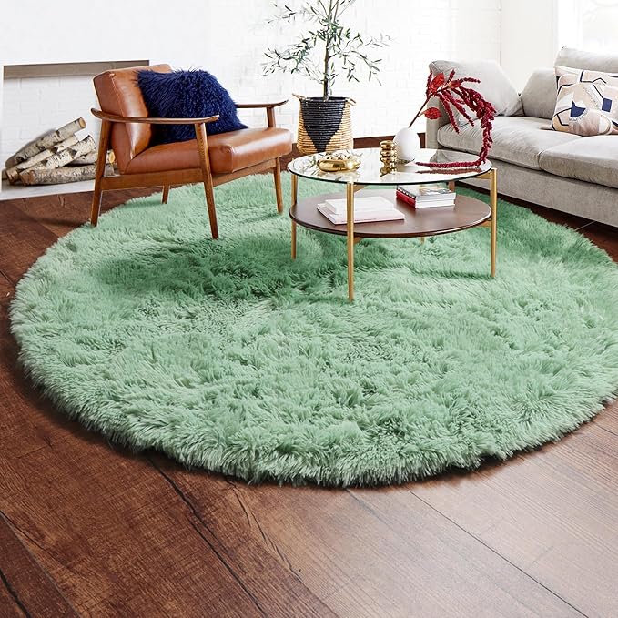 ONASAR Sage Green Round Area Rugs 6ft, Fluffy Soft Bedroom Circle Rug for Kids Girls Boys Teen Room, Cute Furry Plush Shaggy Carpet Floor Mats for Nursery Living Room Playroom Dorm Home Decor