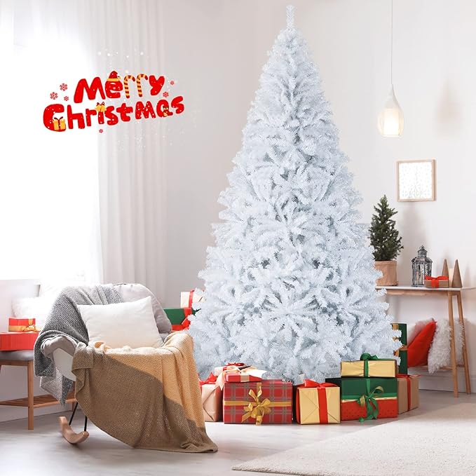 GOFLAME 9FT White Christmas Tree, Artificial Hinged Christmas Tree with 2132 PVC Branch Tips and Folding Metal Stand, Indoor Outdoor Xmas Decoration Tree for Home Office Party, Easy Setup