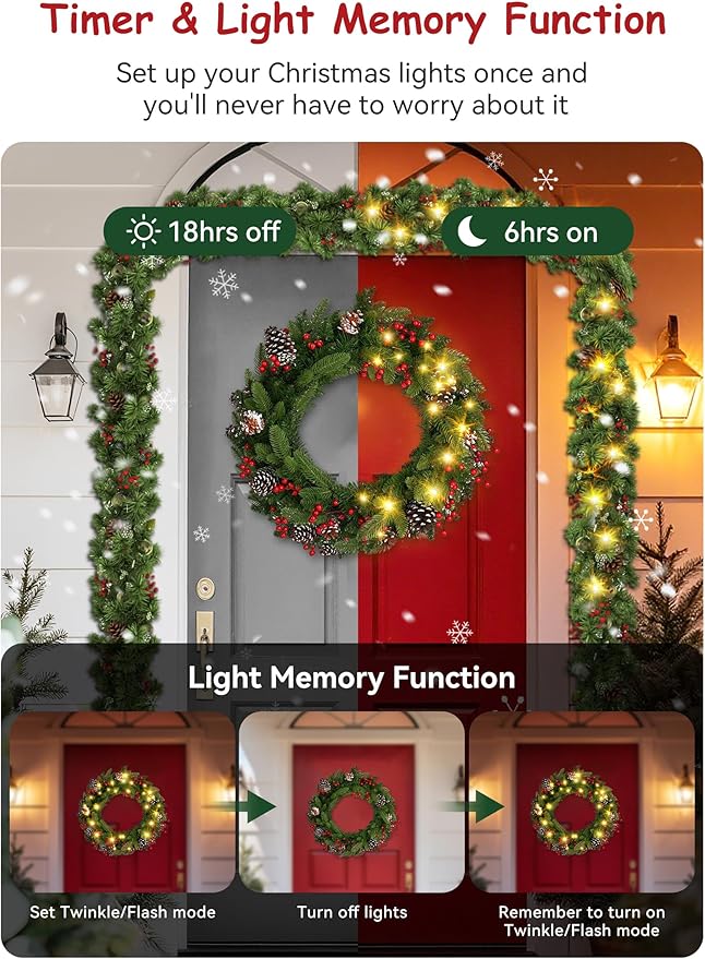 Brightown 24 Inch Pre-Lit Artificial Christmas Wreaths for Front Door,Christmas Decorations Indoor with Pine Cones & Berry Clusters, Christmas Wreath with 50 Lights for Fireplace Wall Window, Plug-in