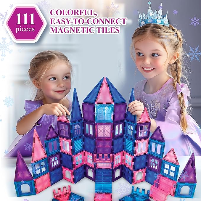 111 pcs Magnetic Tiles - 3D Diamond Building Blocks, STEM Educational Toys for Kids, Perfect for Pretend Play, Birthday Gifts for 3-8 Year Old Girls and Boys, Free Bag Included