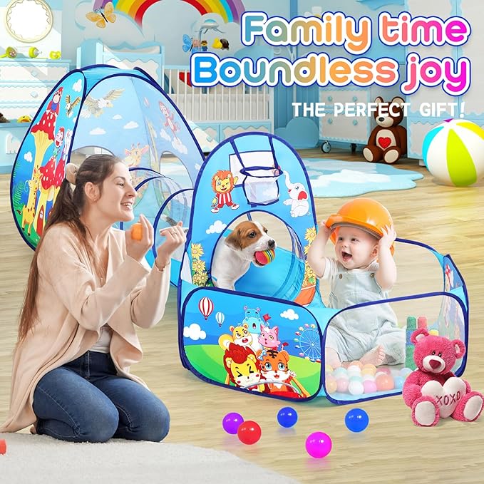 3pc Kids Play Tent with Play Tunnel and Ball Pit, Toddler Tent for Girls and Boys Indoor Playhouse, Gift Toys for Babies (Balls NOT Included)