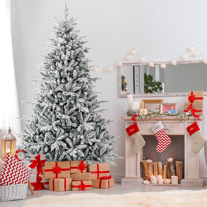 GOFLAME 7ft Pre-Lit Christmas Tree Snow Flocked, Hinged Artificial Xmas Tree with 1164 Branch Tips, 350 Multi-Color LED Lights, 8 Lighting Modes, Holiday Decoration Tree for Home Office Party