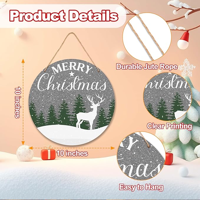 Merry Christmas Tree Sign Decorations, 10x10 Inch Xmas Reindeer Decorative Wooden Plaque with Jute Rope for Door Wall Shelf Decor, Winter New Year Gifts-MBA03