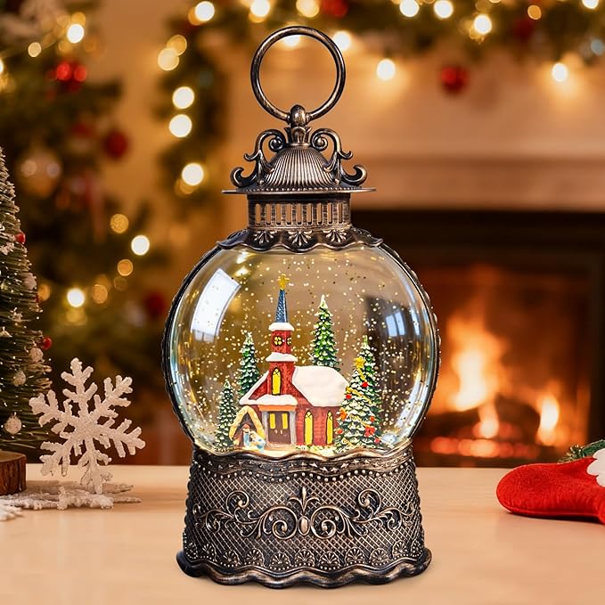 Christmas Snow Globes Lantern, Church and Christmas Tree Christmas Decorations Indoor, 6H Timer Battery & USB Powered Light Up Musical Snow Globes for Kids Women Adults Gift Thanksgiving Home Decor