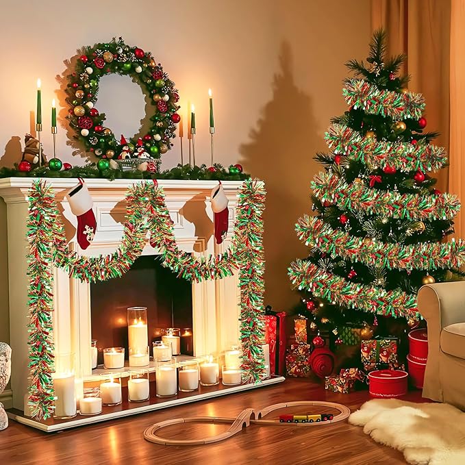 50Ft Christmas Red Green and Gold Tinsel Garland Metallic Twist Shiny Garland for Xmas Christmas Tree Ceiling Hanging Decorations Holiday Wedding Home Party Supplies Indoor Outdoor Decor