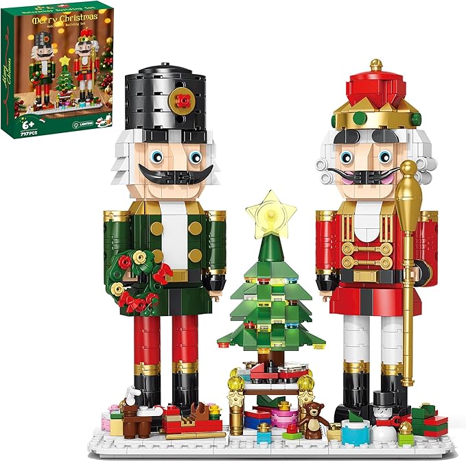 Christmas Nutcracker Building Set with Light - 2 Soldiers, Light-Up Christmas Tree, Wreath, Snowman, Sleigh & Train - Compatible with Lego, Xmas Gifts for Kids Adults (797PCS)
