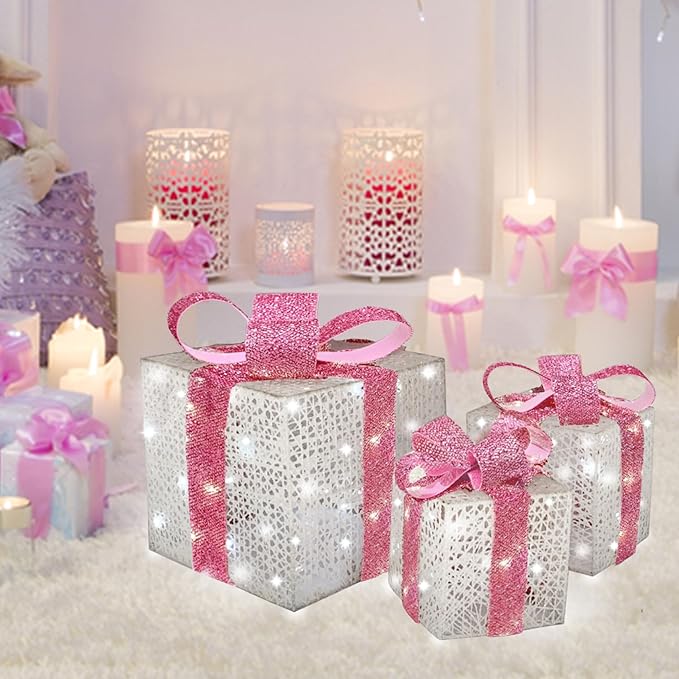 Lighted Gift Boxes Set of 3, Pink Christmas Décor Gift Boxes, Prelit 60 White Lights Present Box Lighted Display with Plug for Home Porch Outdoor Yard Valentines Day Pink Christmas Decorations
