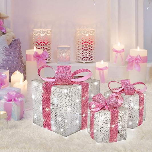 Lighted Gift Boxes Set of 3, Pink Christmas Décor Gift Boxes, Prelit 60 White Lights Present Box Lighted Display with Plug for Home Porch Outdoor Yard Valentines Day Pink Christmas Decorations
