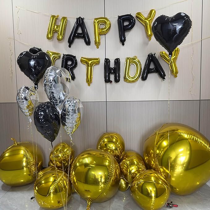 Gold Birthday Decorations with 16pcs Large 4D Foil Balloons in 10-50 Inch + 6pcs 18" Gold Silver Heart Balloons + 16” Happy Birthday Banner for Indoor Outdoor Party Decorations (Gold)